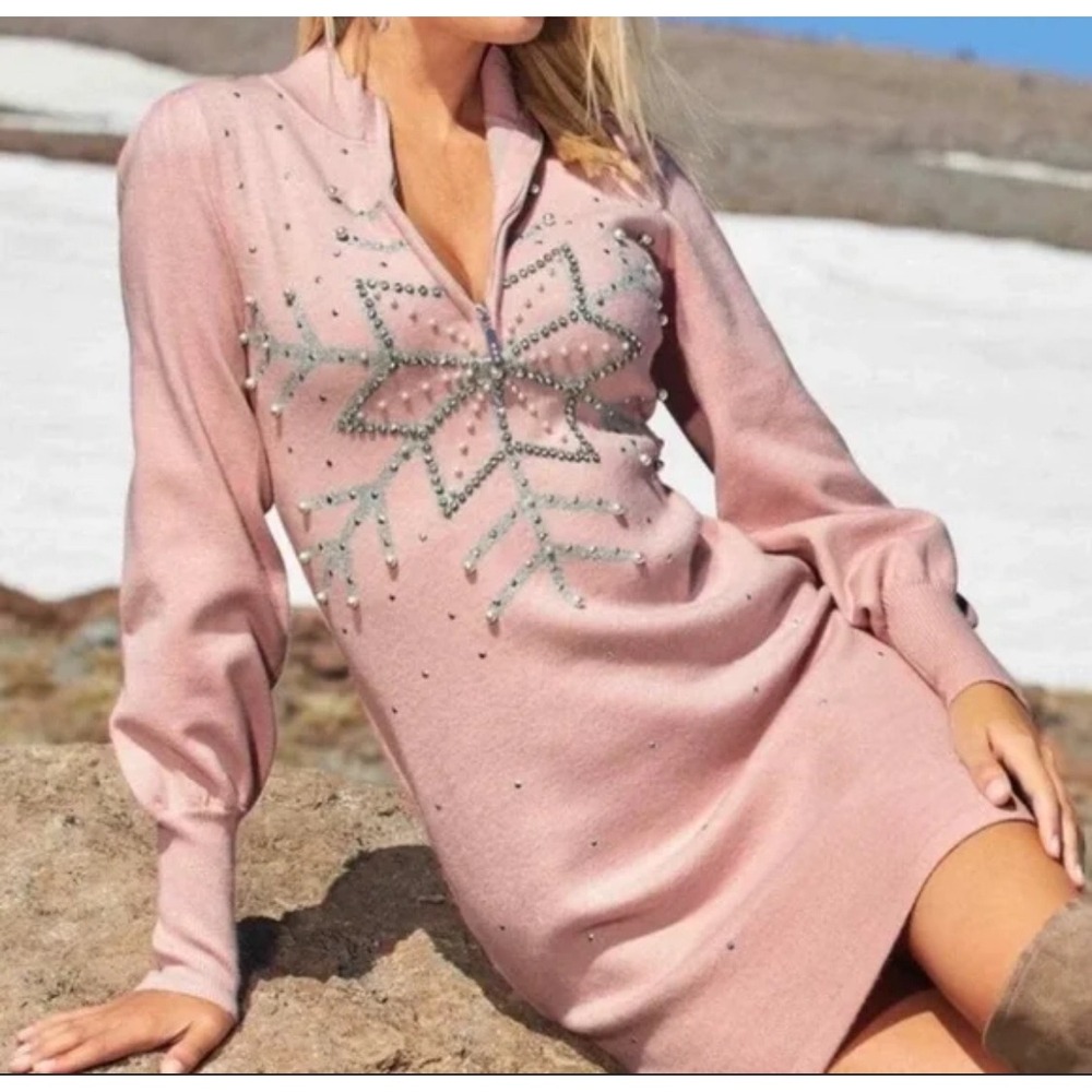 Boston Proper Sweater Dress Pink Pearl Shimmer Snowflake Half Zip  Medium Winter
